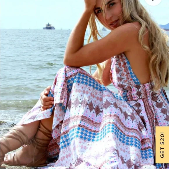 Maxin and Relaxin blue multi print sleeveless tie strap maxi dress. - Picture 5 of 15